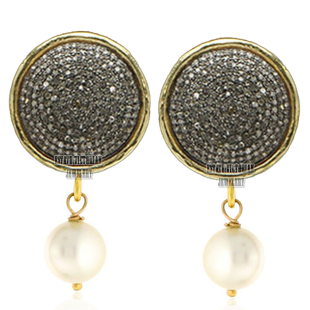 Artdeco Estate 3.85ct Pave Rose Cut Diamond Pearl Silver Wedding Earring Jewelry