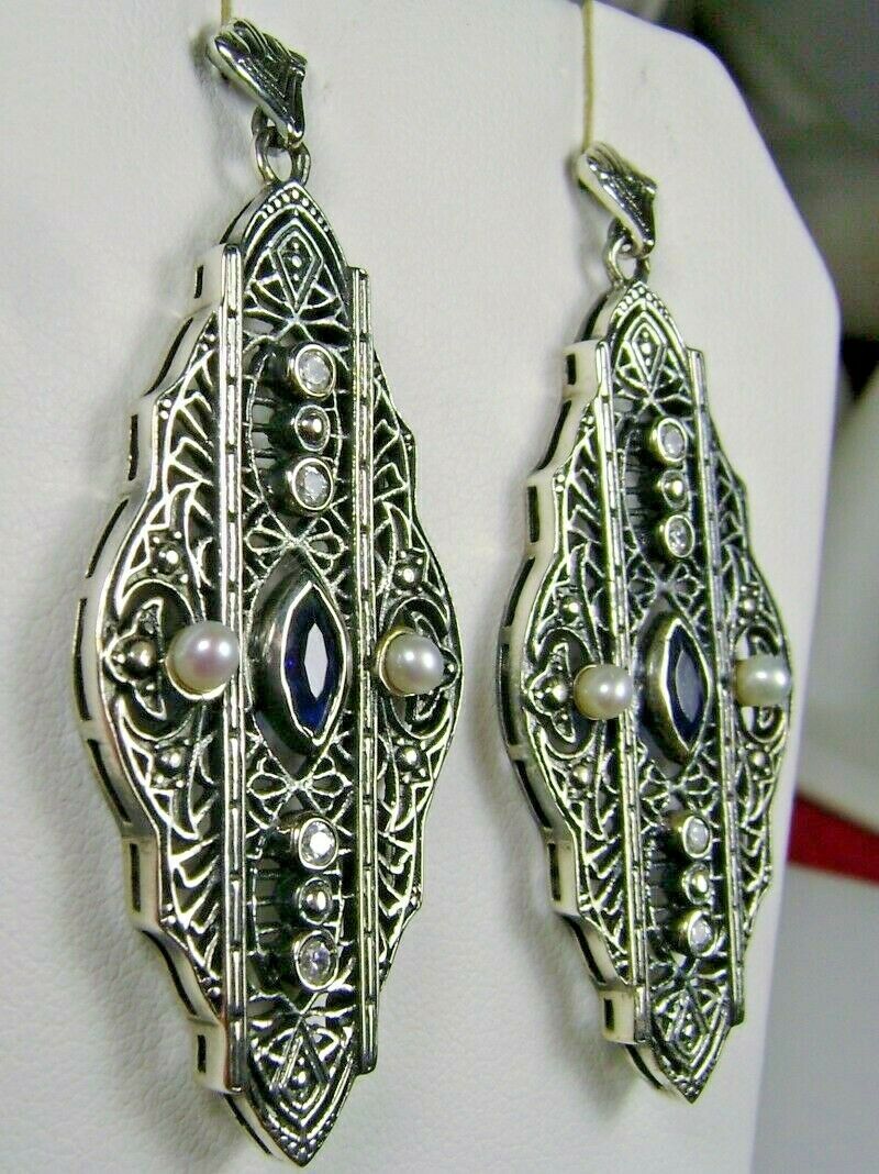 Sapphire Sim And Pearl Sterling Silver Art Deco Filigree Earrings (custom-made)*