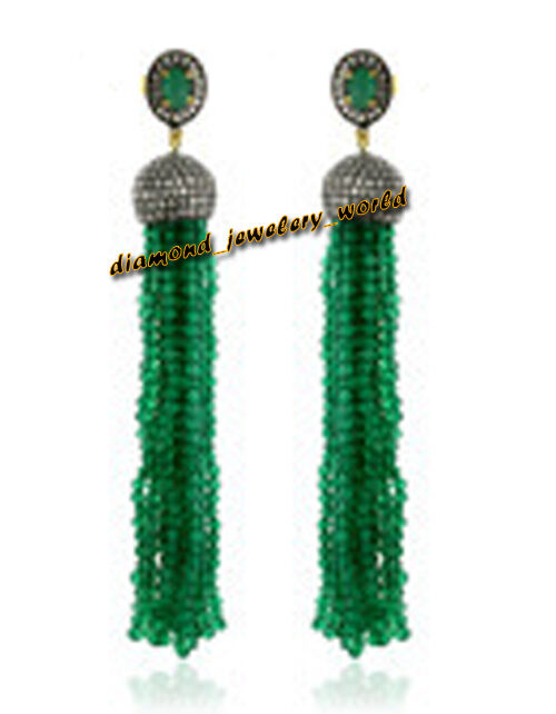 Vintage 5.35cts Rose Cut Diamond Emerald Silver Gorgeous Tassel Earring Jewelry
