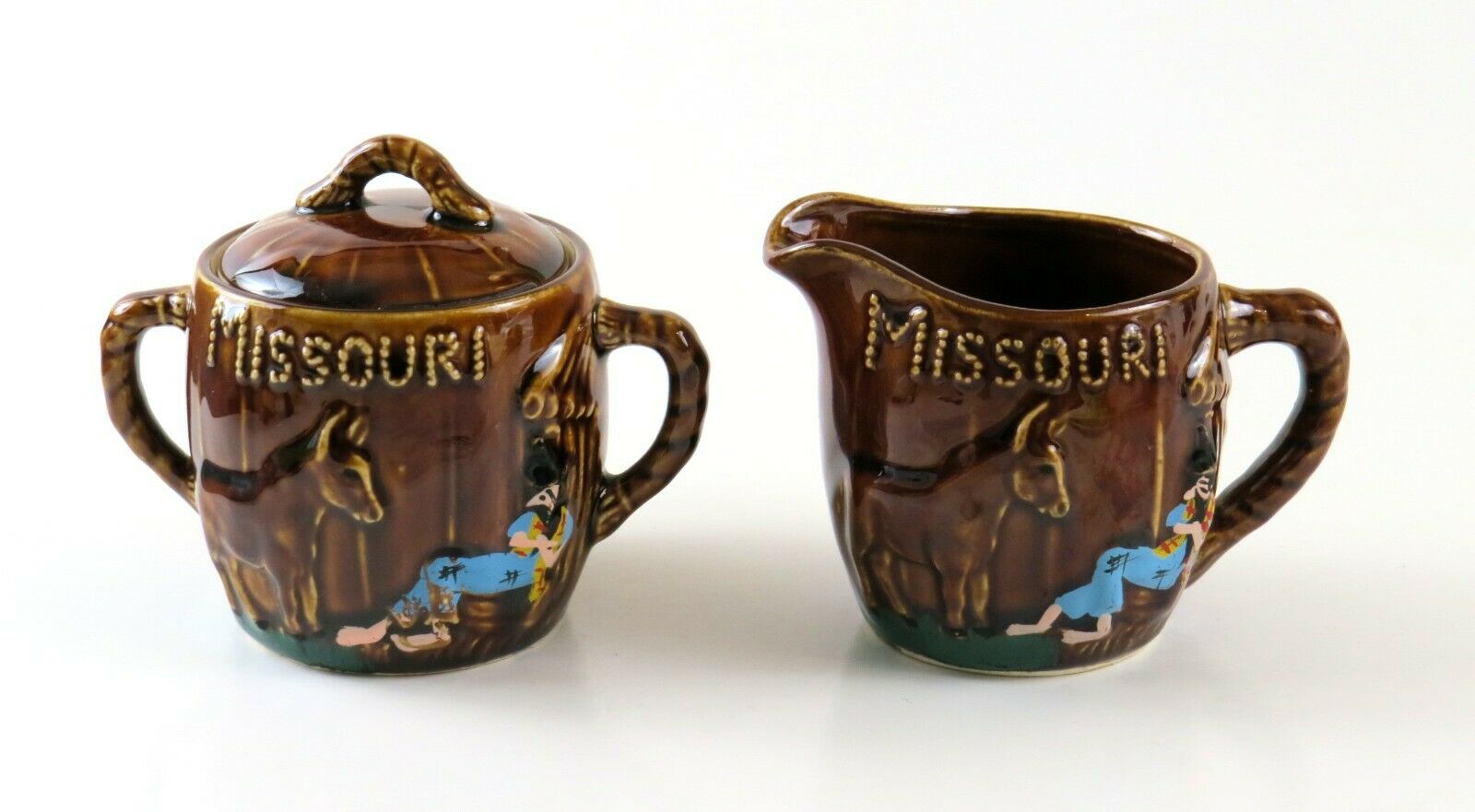 Missouri Souvenir Ceramic Sugar Bowl Creamer Pitcher Set, Huck Finn And Steer