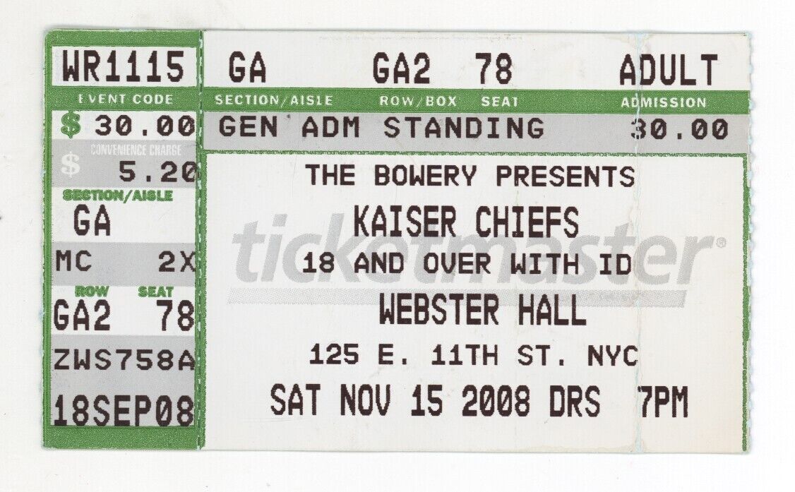 Kaiser Chiefs 11/15/08 New York City Ny Webster Hall Rare Ticket Stub Nyc