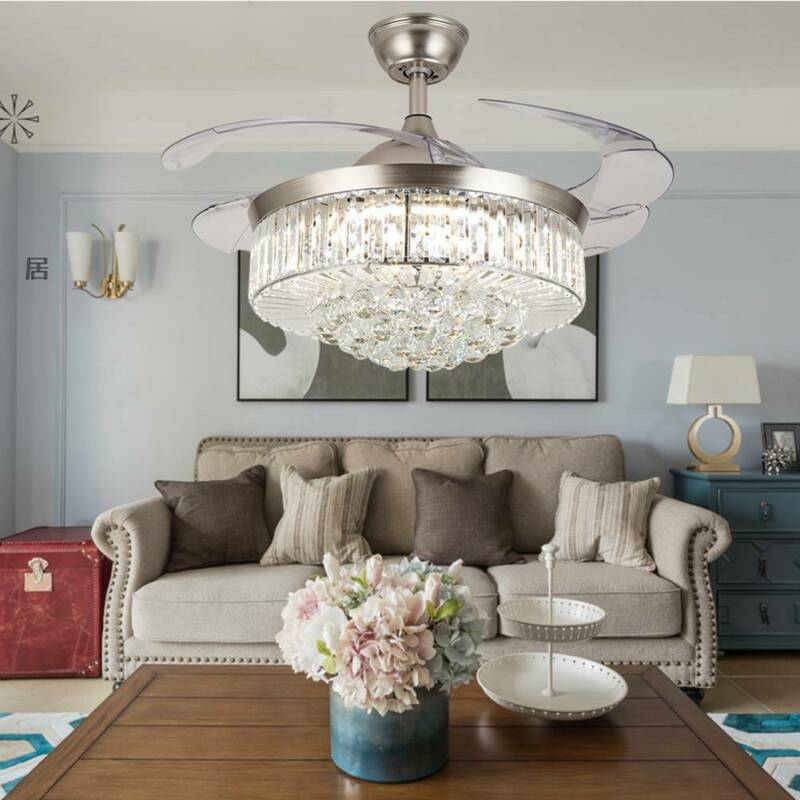 Crystal Led Chandelier Invisible Ceiling Fan Light Ceiling Lamp W/ Remote