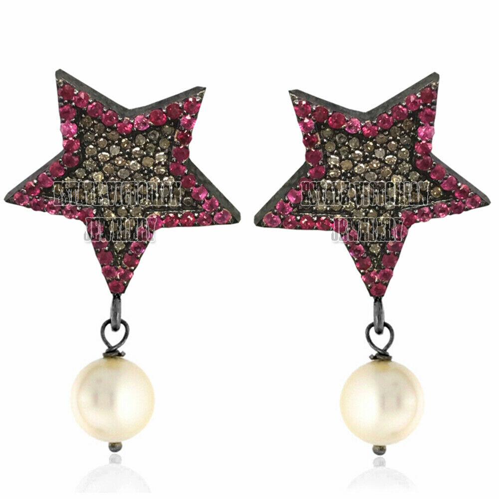 1.49cts Rose Cut Diamond Ruby Pearl Studded Silver Vintage Star Earring Jewelry
