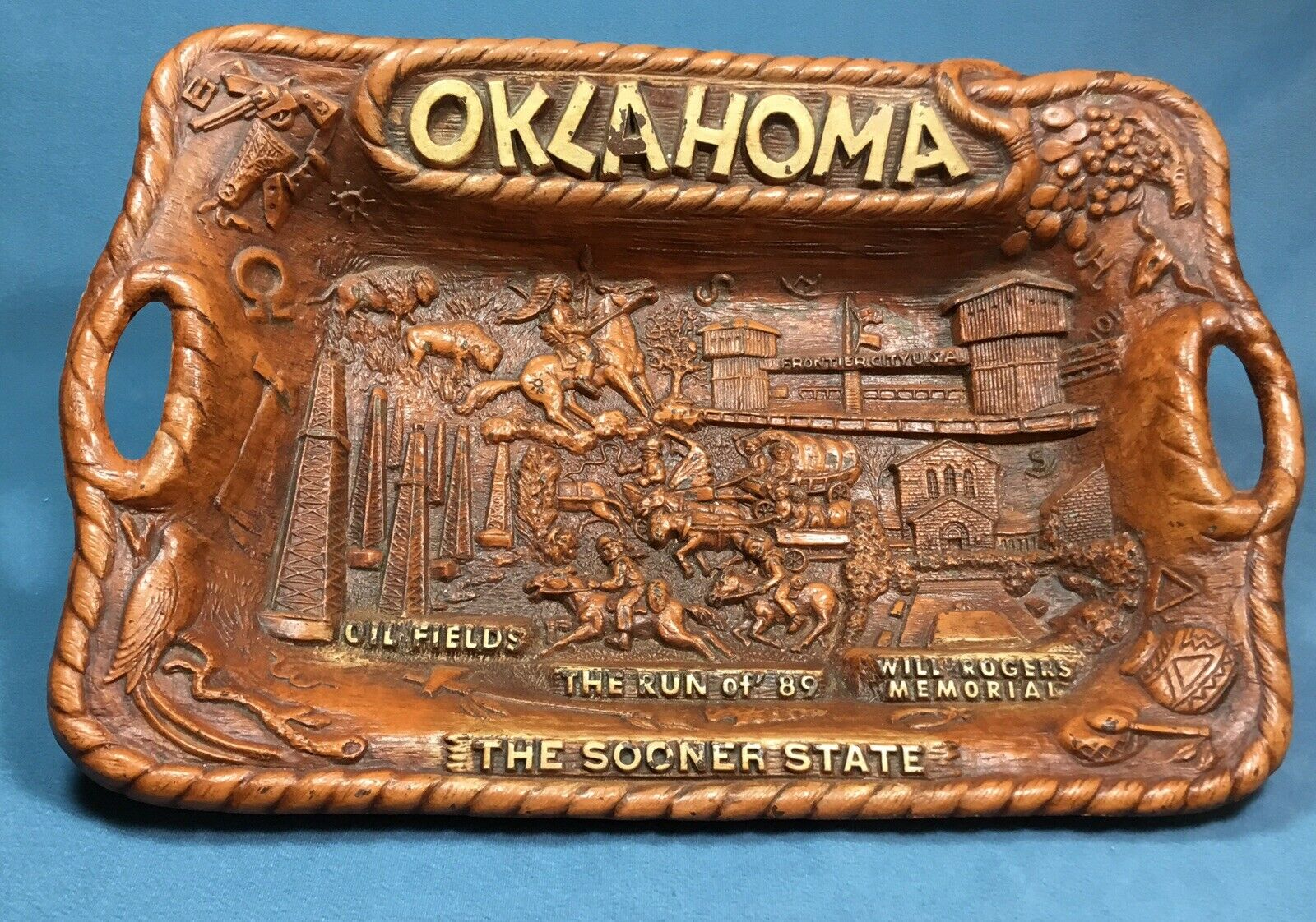 Vintage Oklahoma, The Sooner State, Molded Resin Souvenir Tray From Lugene’s