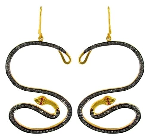 14k Gold Pave Diamond Snake Hook Dangle Earrings 925 Silver Antique Look Jewelry