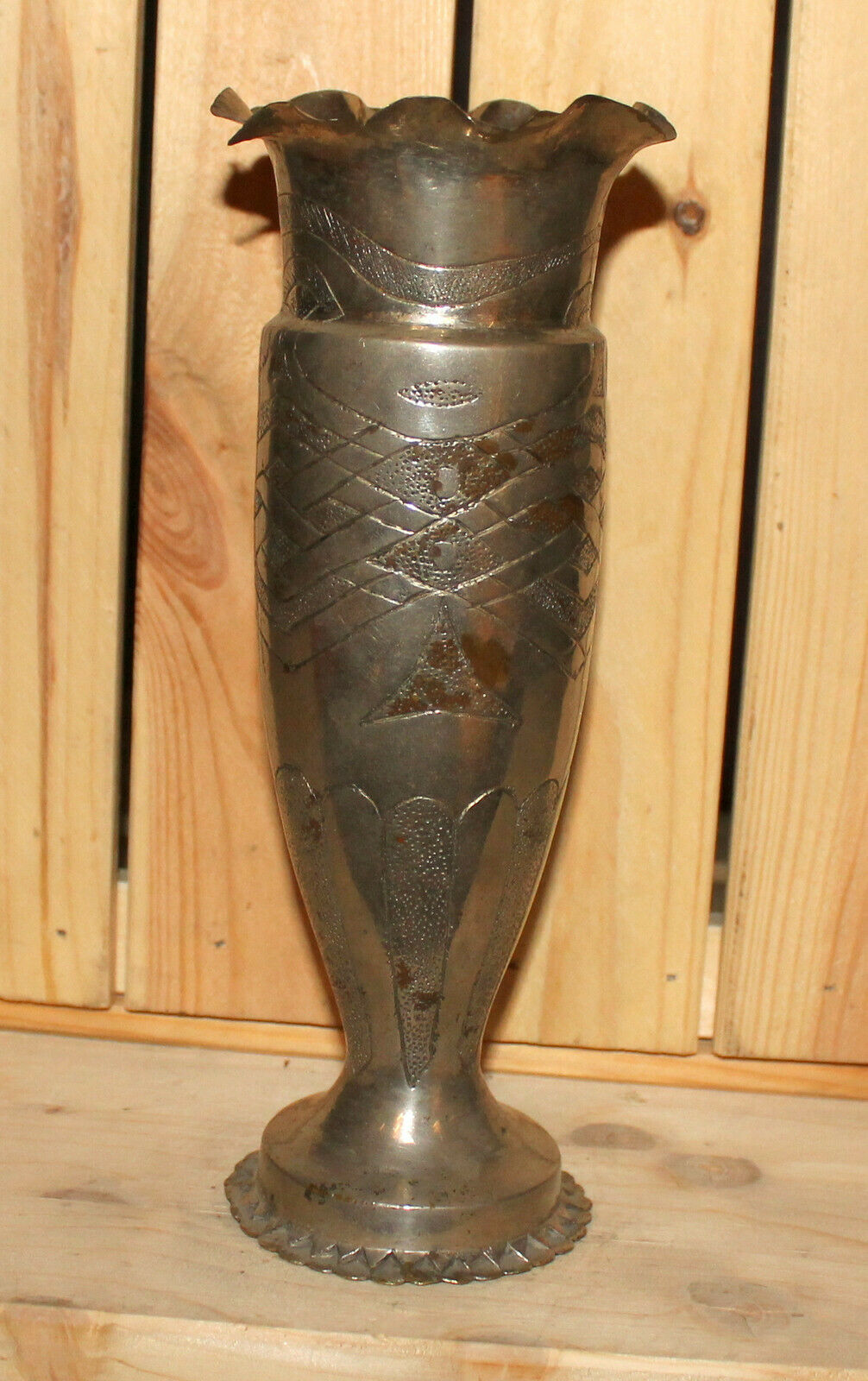 Wwi Ww1 Hand Made Trench Art Engraved Chromed Bombshell Brass Vase
