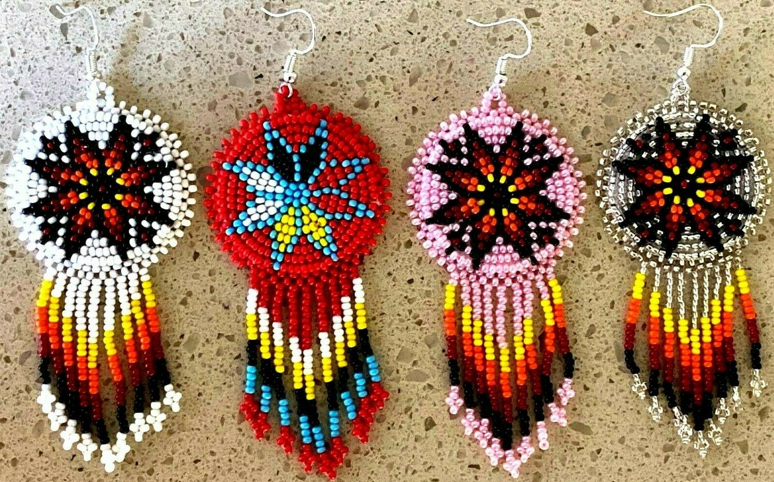 Handmade beaded Native style Artisan Multi-Color Hook Earrings