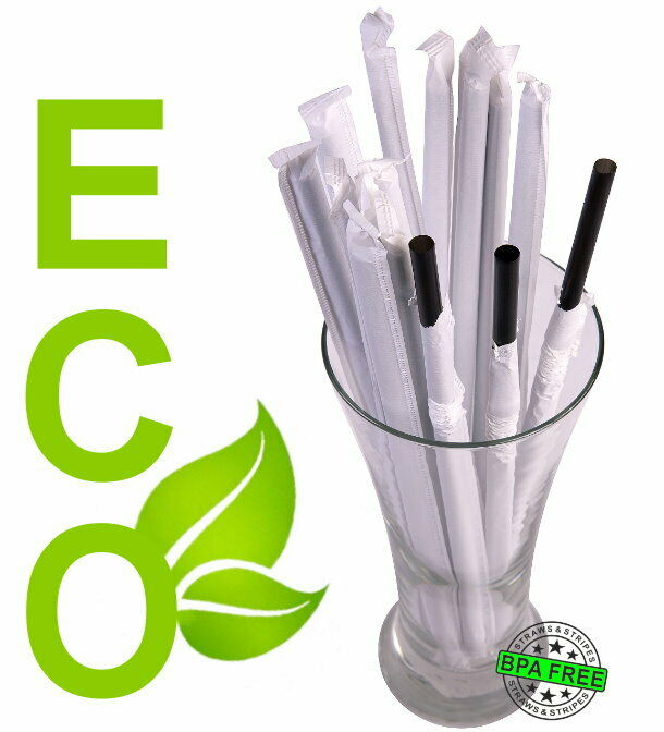2,000 ECO PLA - PAPER WRAPPED SMOOTHIE drinking straws 9 x 0.29 inch - black