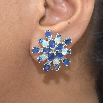 18k White Gold Opal Sapphire Stud Earrings Genuine Diamond Handmadefine Jewelry