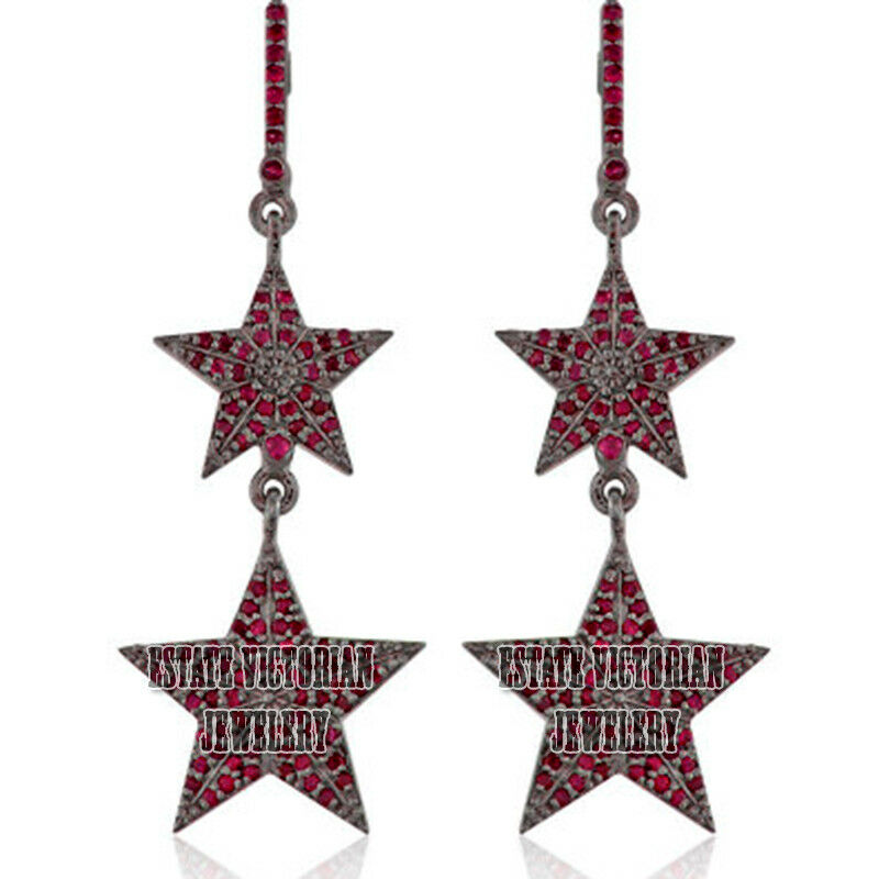 Victorian Pave Ruby Studded Sterling Silver Wedding Star Dangler Earring Jewelry